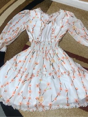 White Floral Long-Sleeve Smocked Waist Dress
